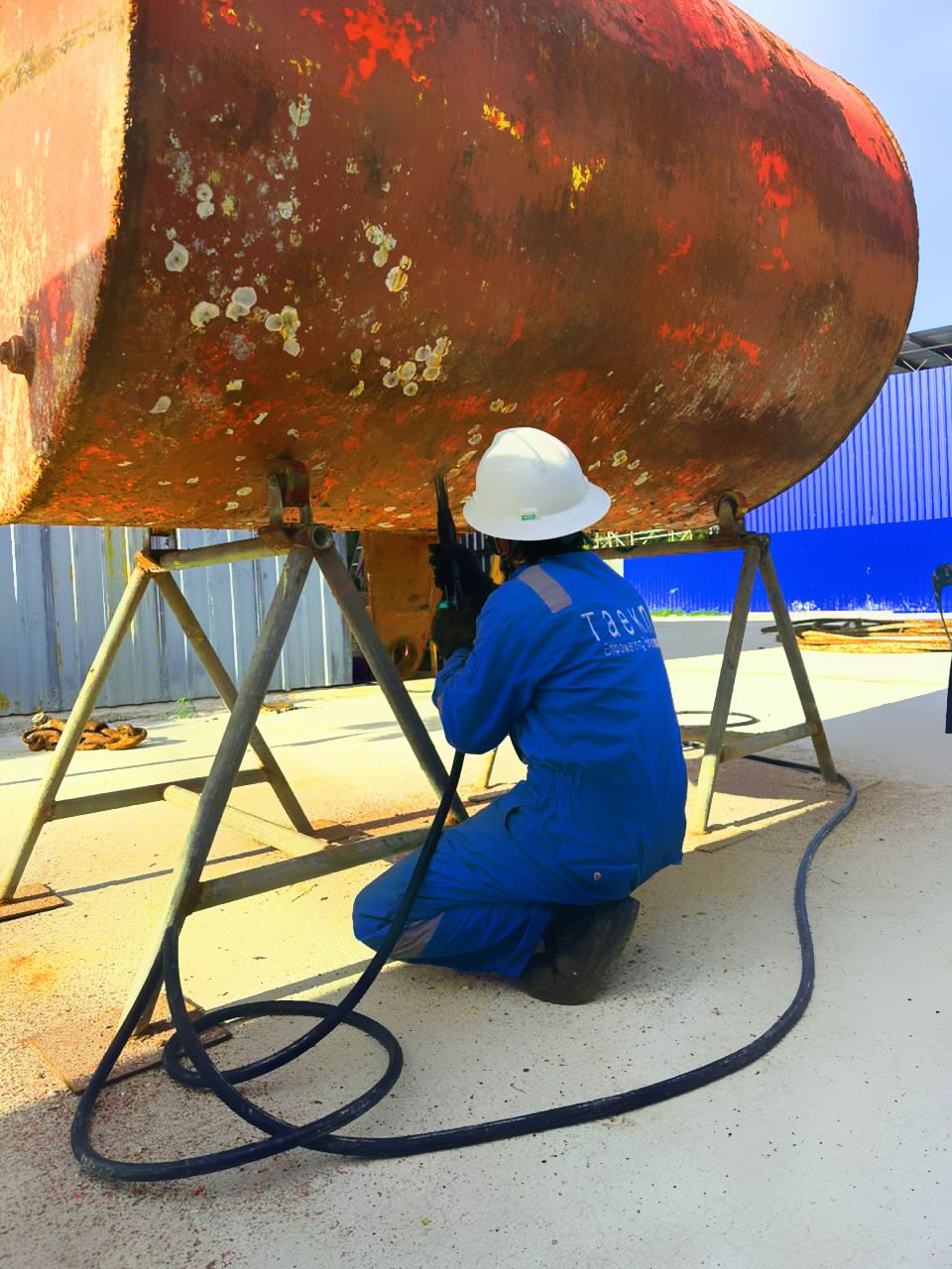 Mooring buoy undergoing surface preparation and repair